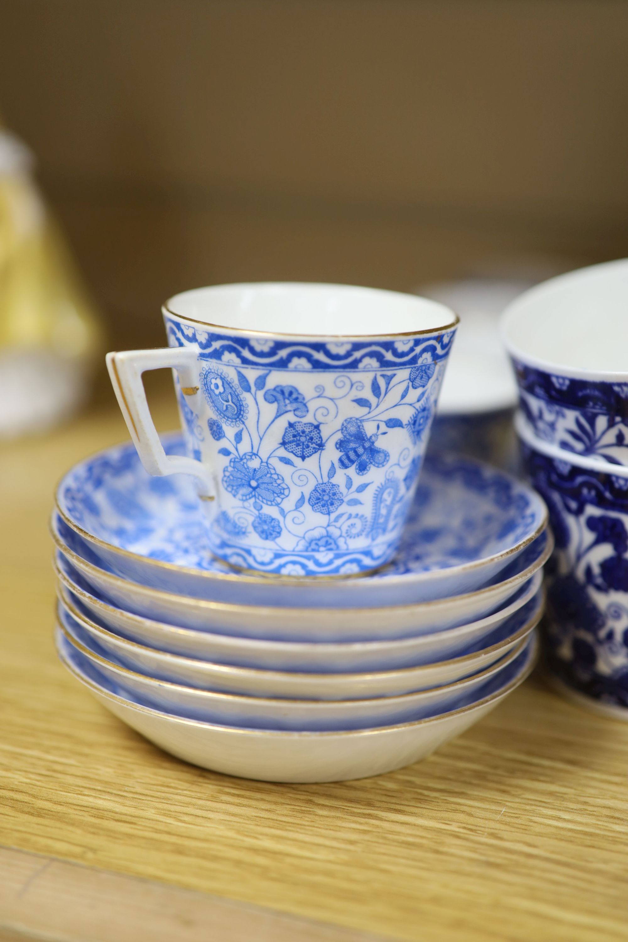 A group of Royal Crown Derby Wilmot blue and white coffee and tea wares